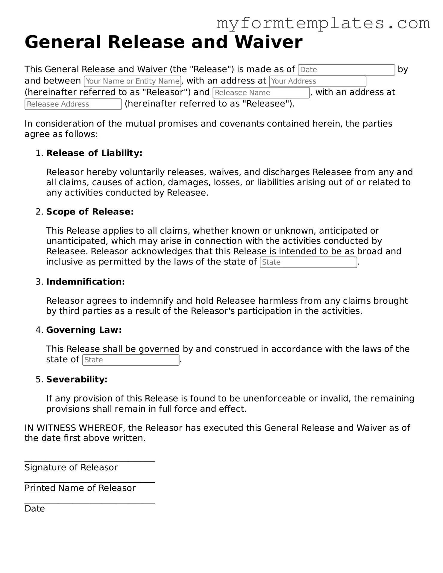 General Release and Waiver Document