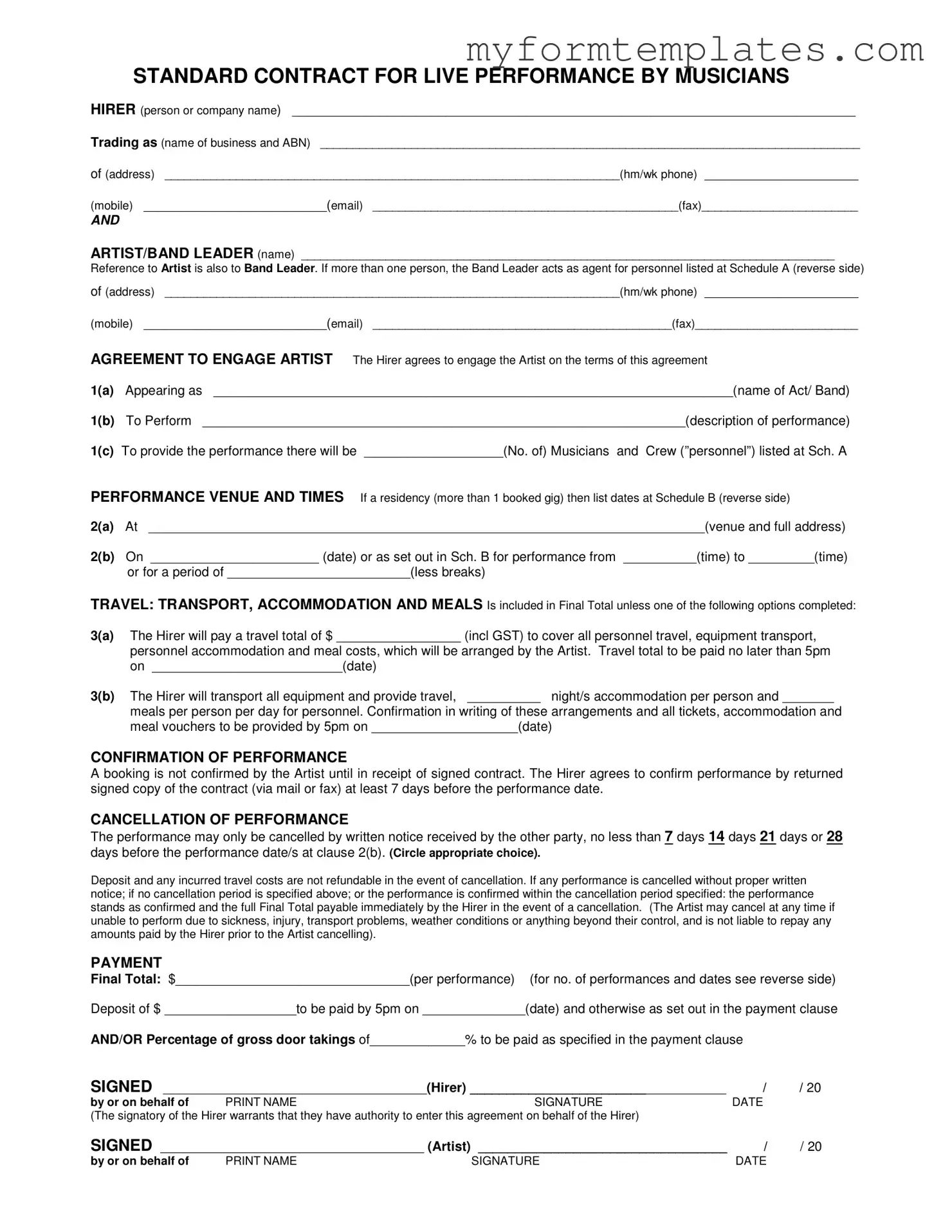 Official Live Performance Contract Form in PDF