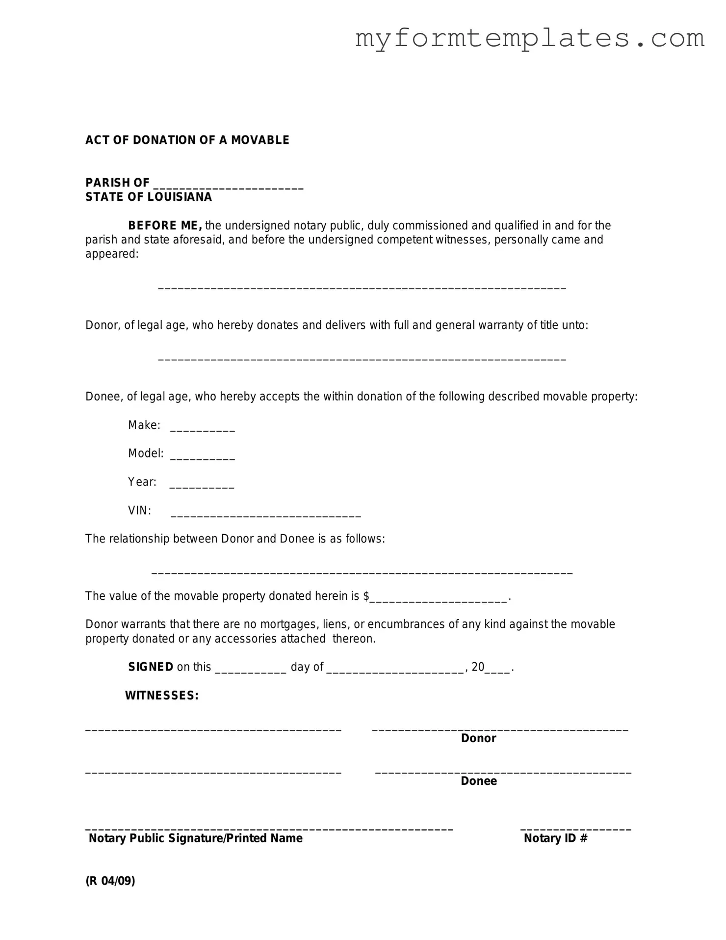 Official Louisiana act of donation Form in PDF