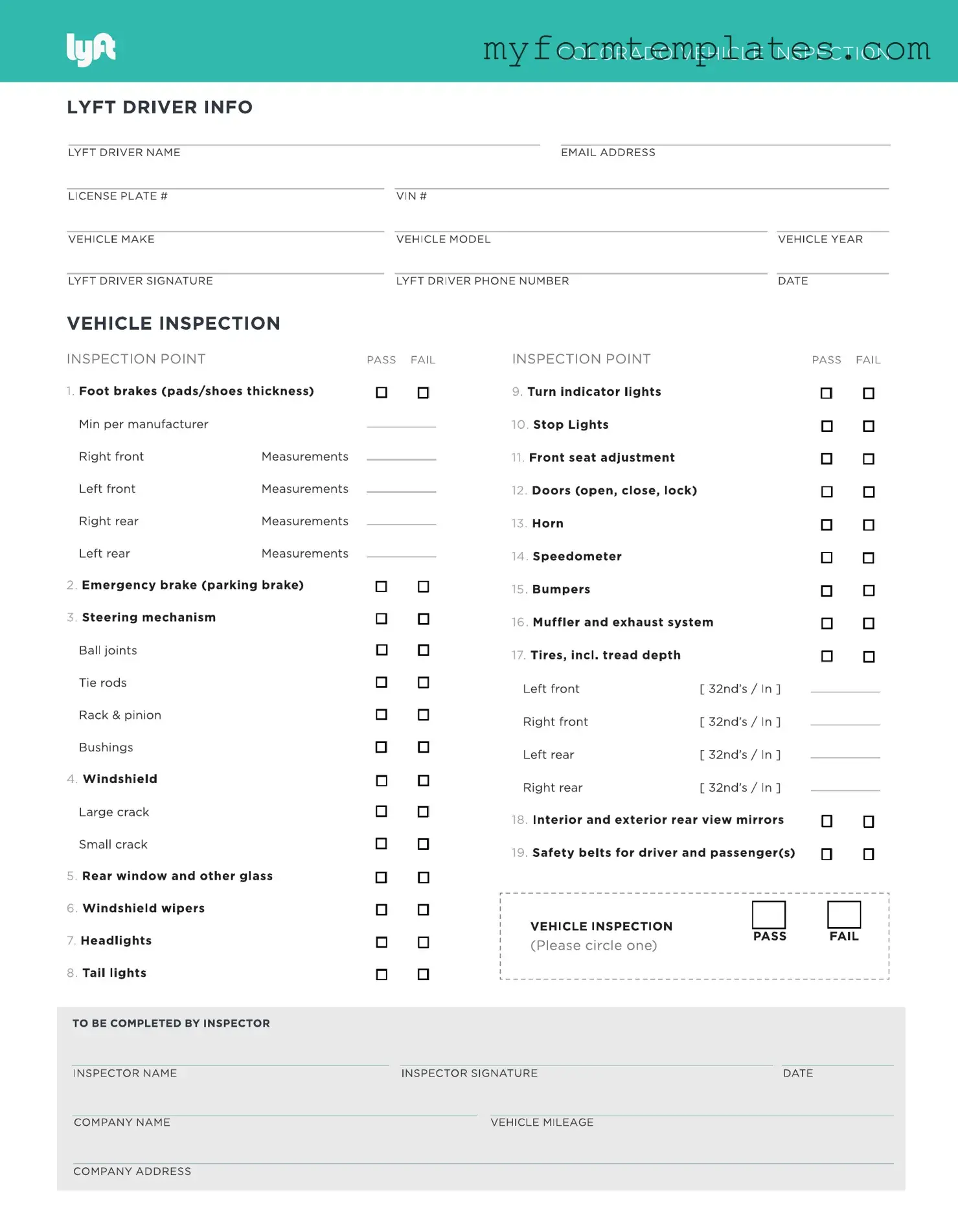 Official Lyft Inspection Form in PDF