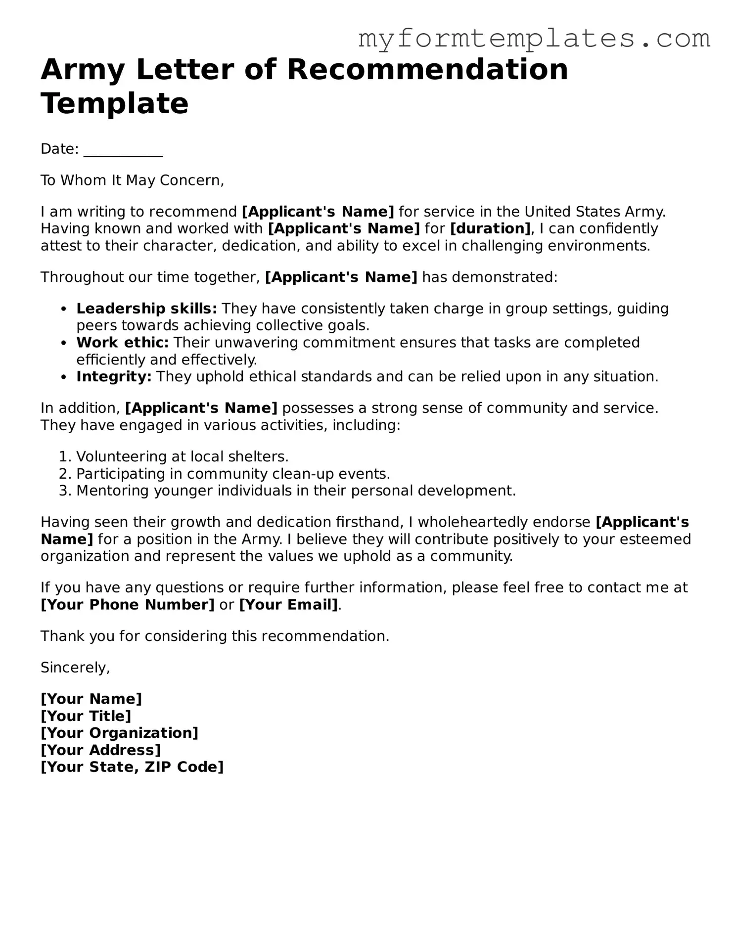 Army Letter of Recommendation Document