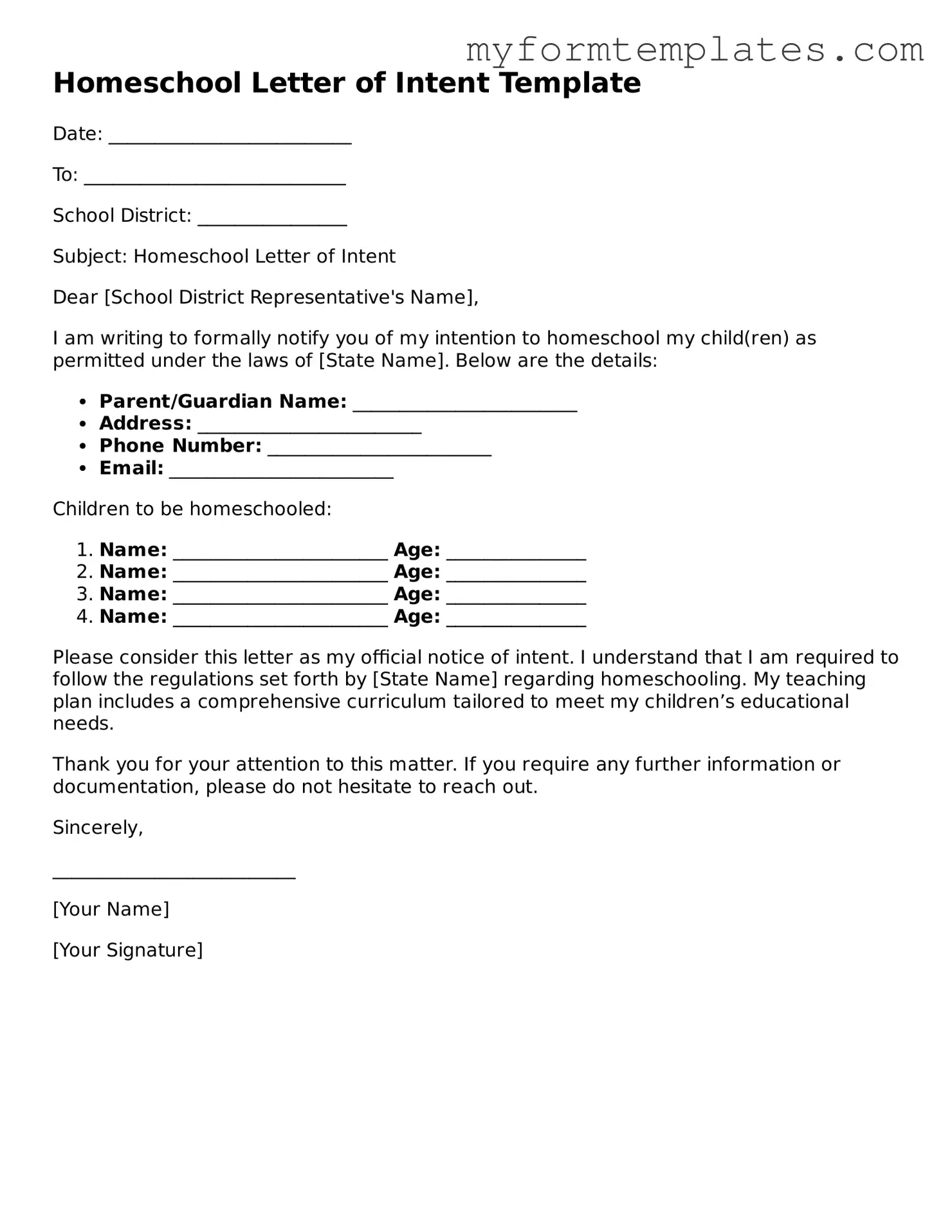 Homeschool Letter of Intent Document