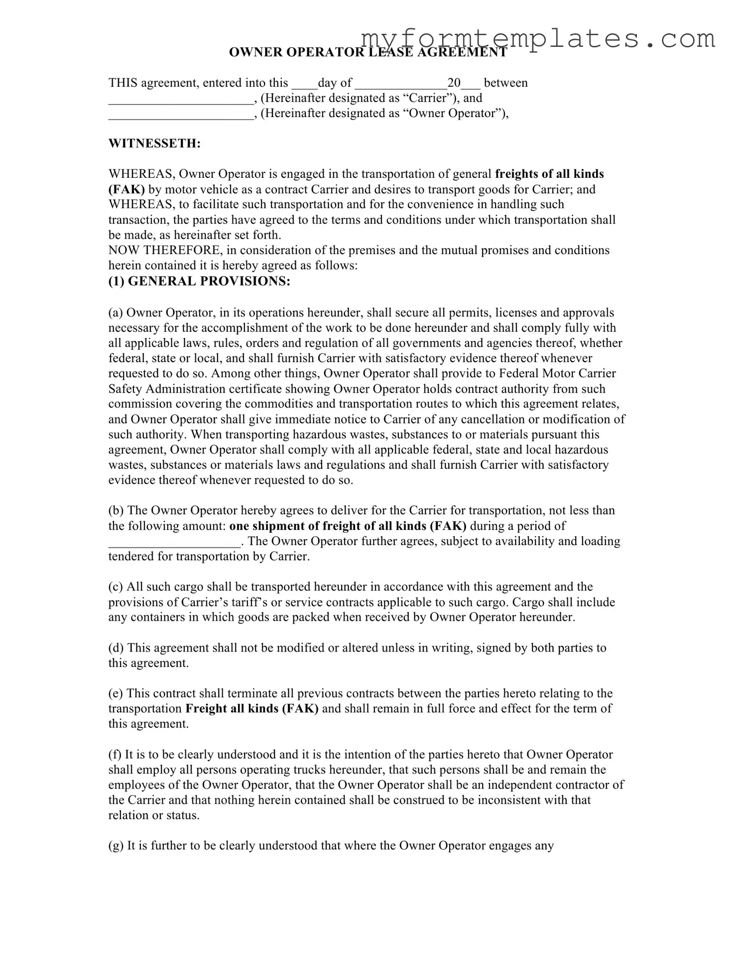 Official Owner Operator Lease Agreement Form in PDF