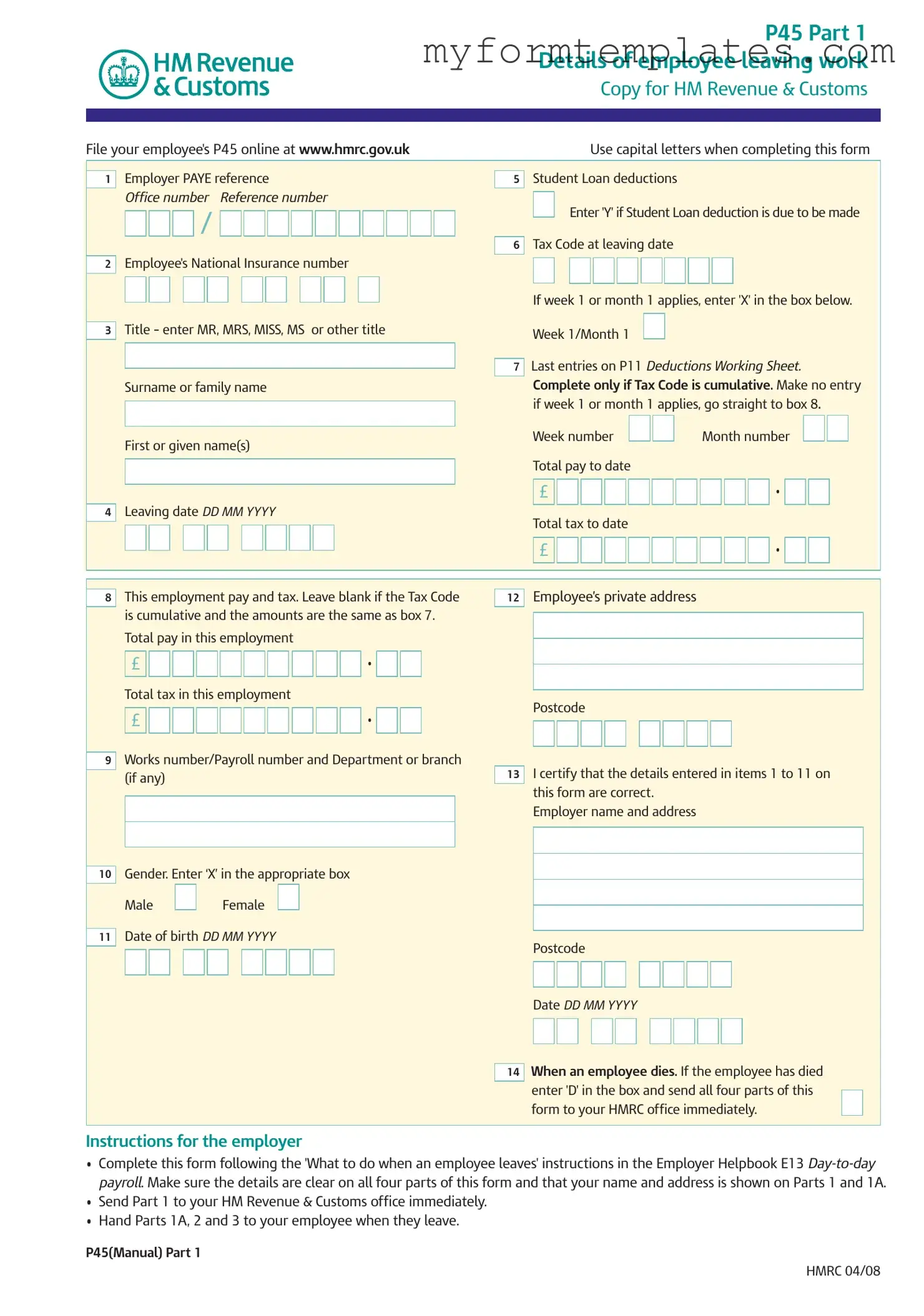 Official P 45 It Form in PDF