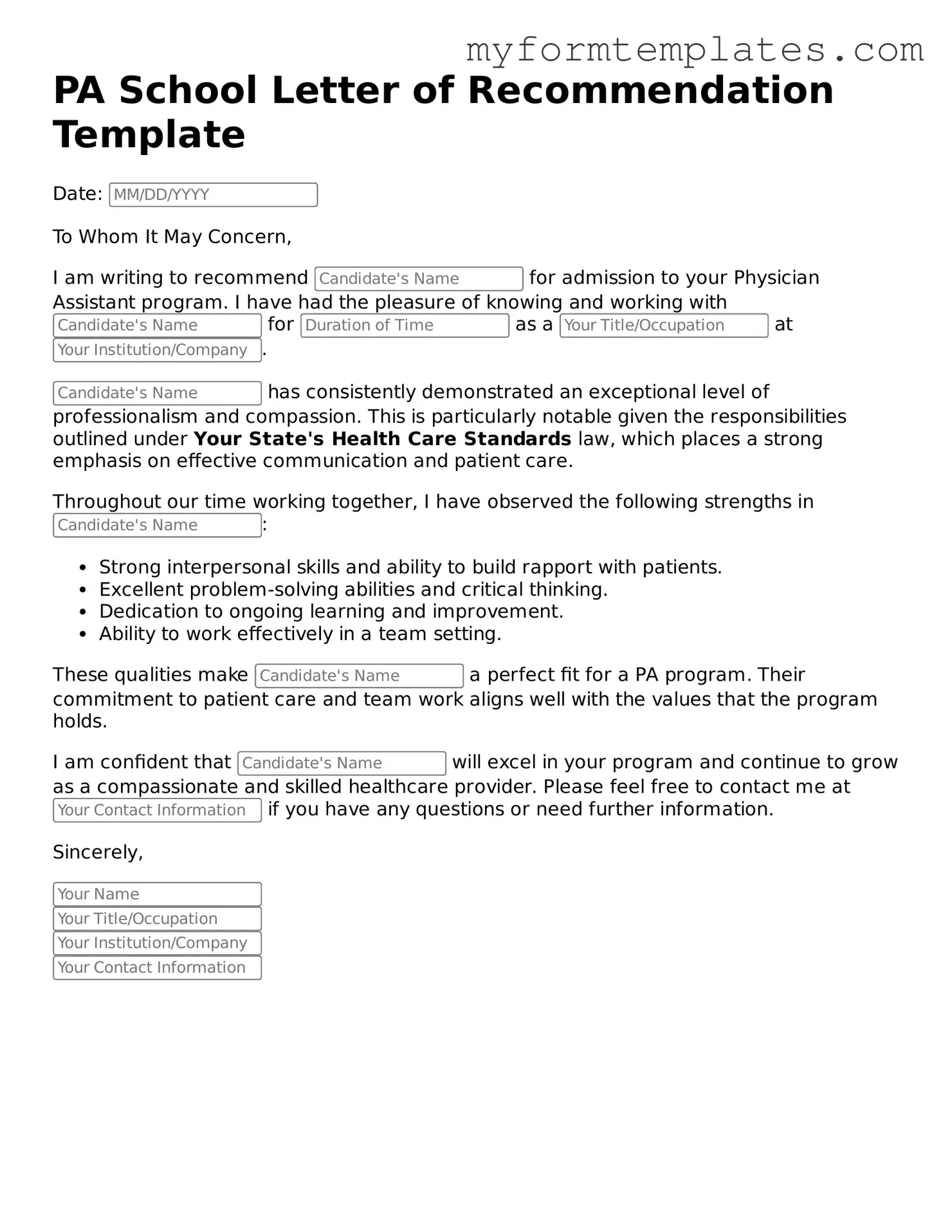 PA School Letter of Recommendation Document