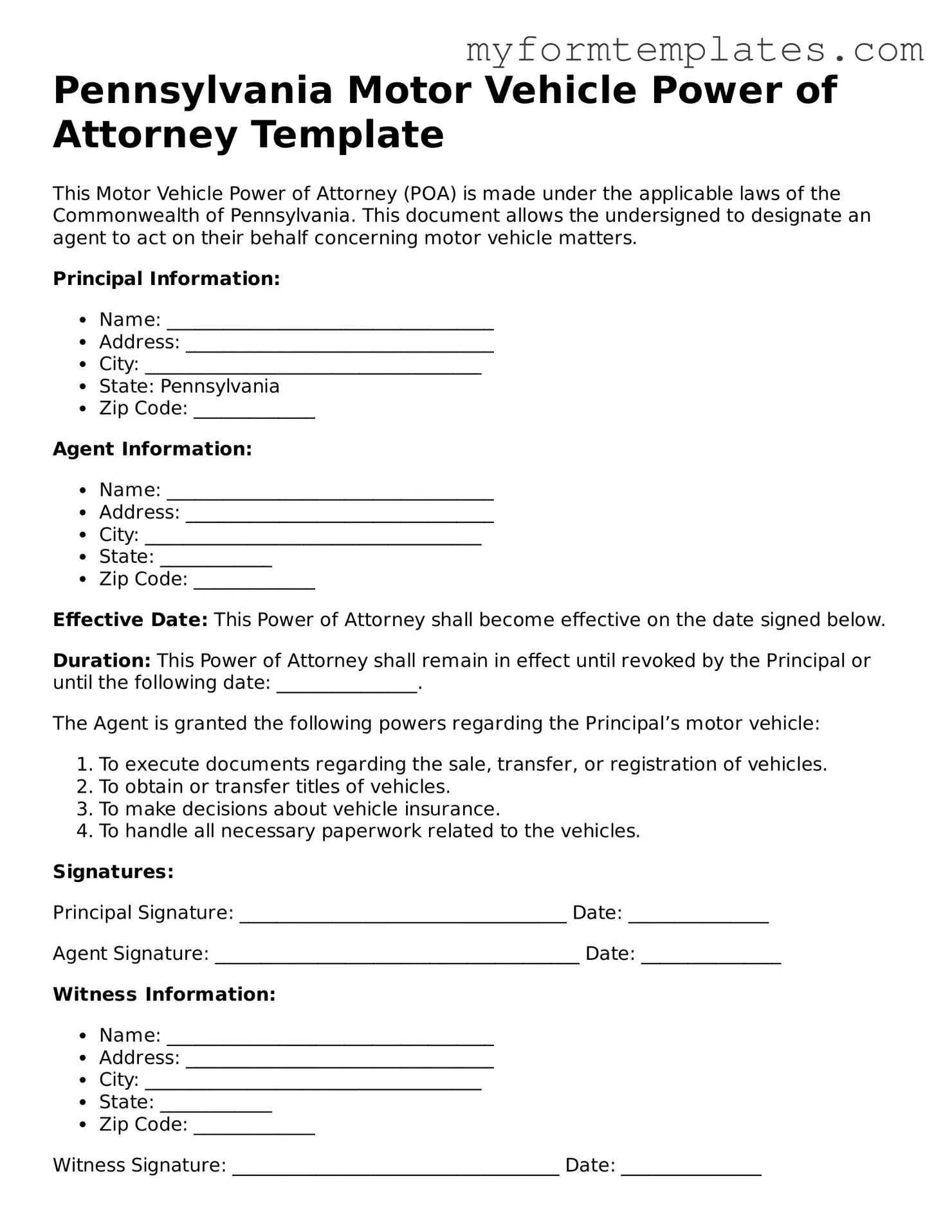 Official Motor Vehicle Power of Attorney Form for the State of Pennsylvania