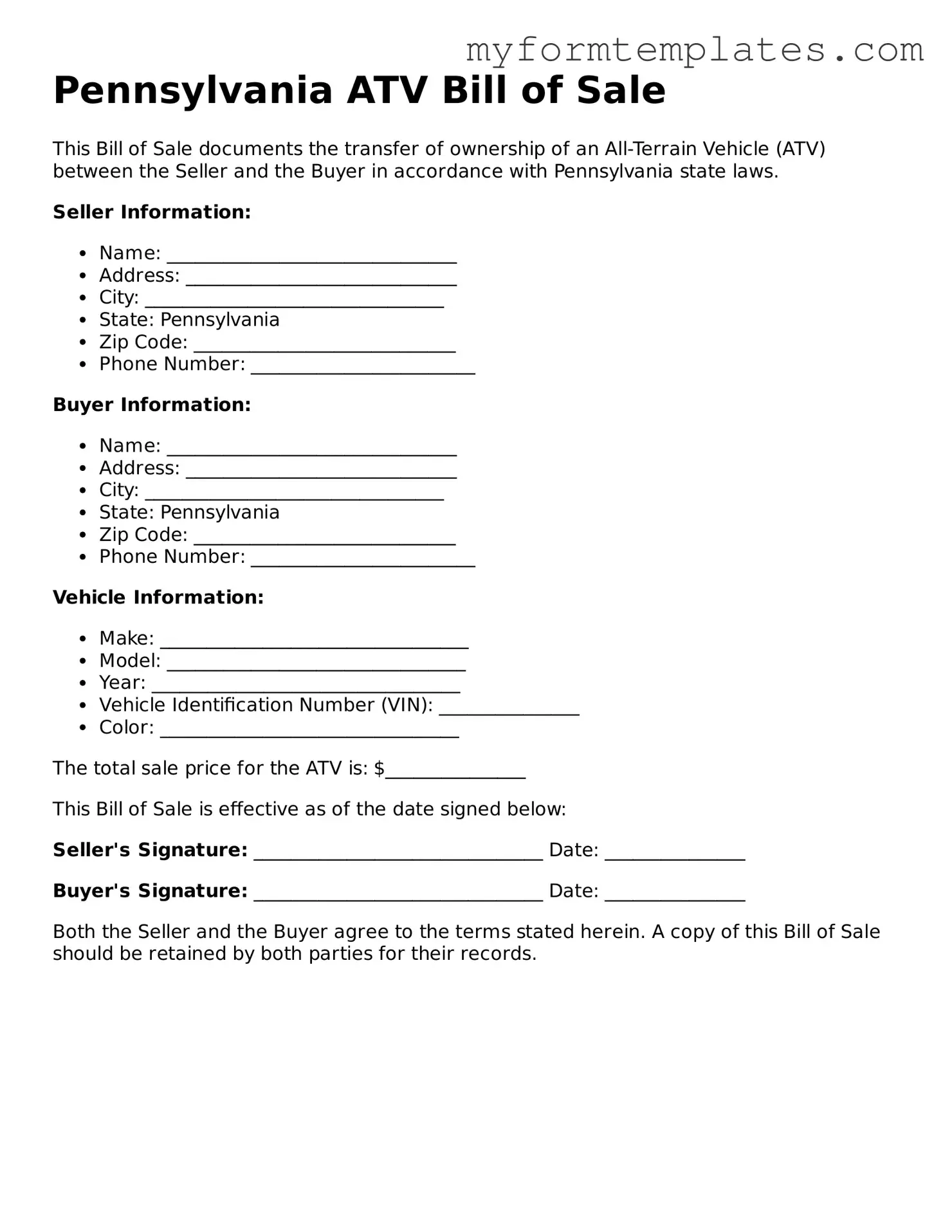 Official ATV Bill of Sale Form for the State of Pennsylvania
