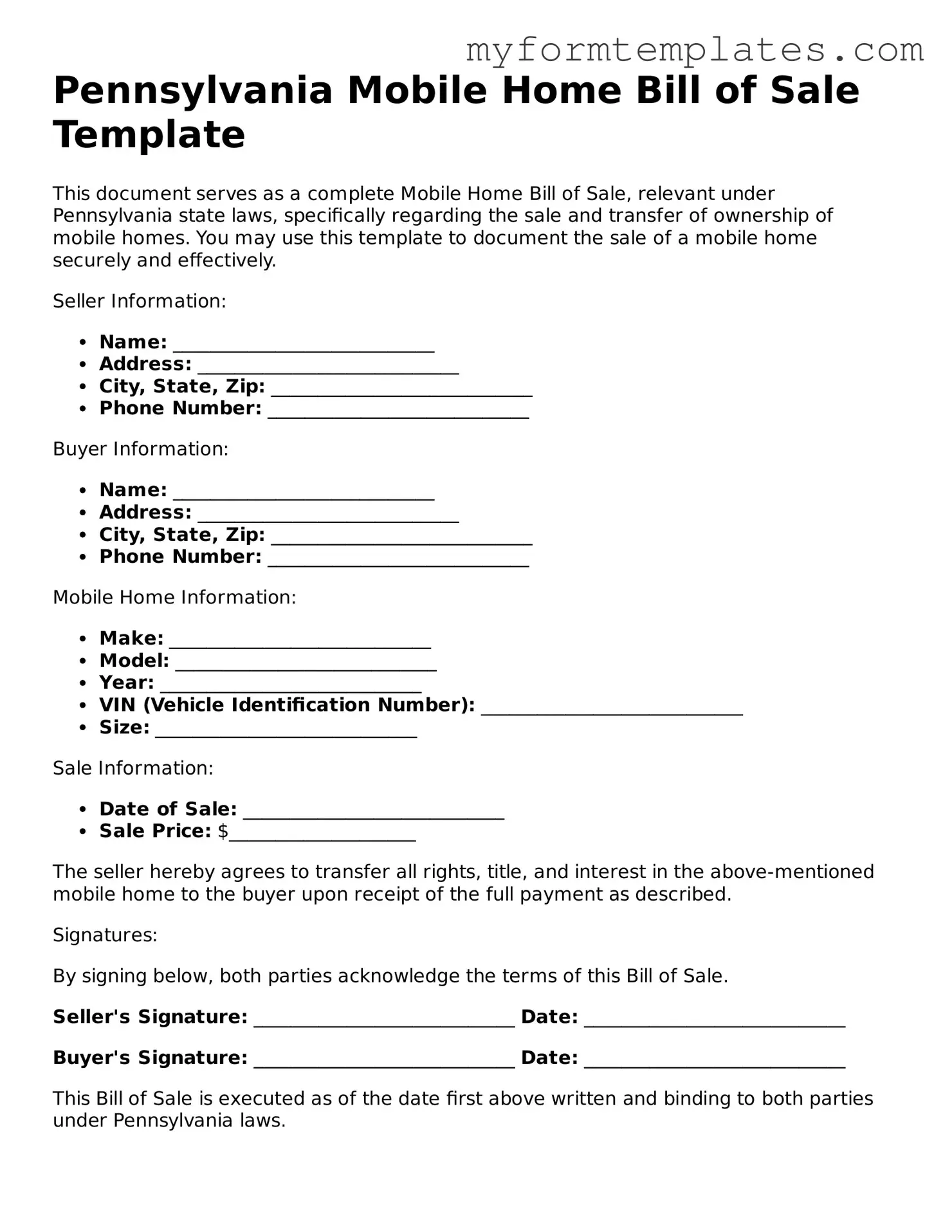 Official Mobile Home Bill of Sale Form for the State of Pennsylvania