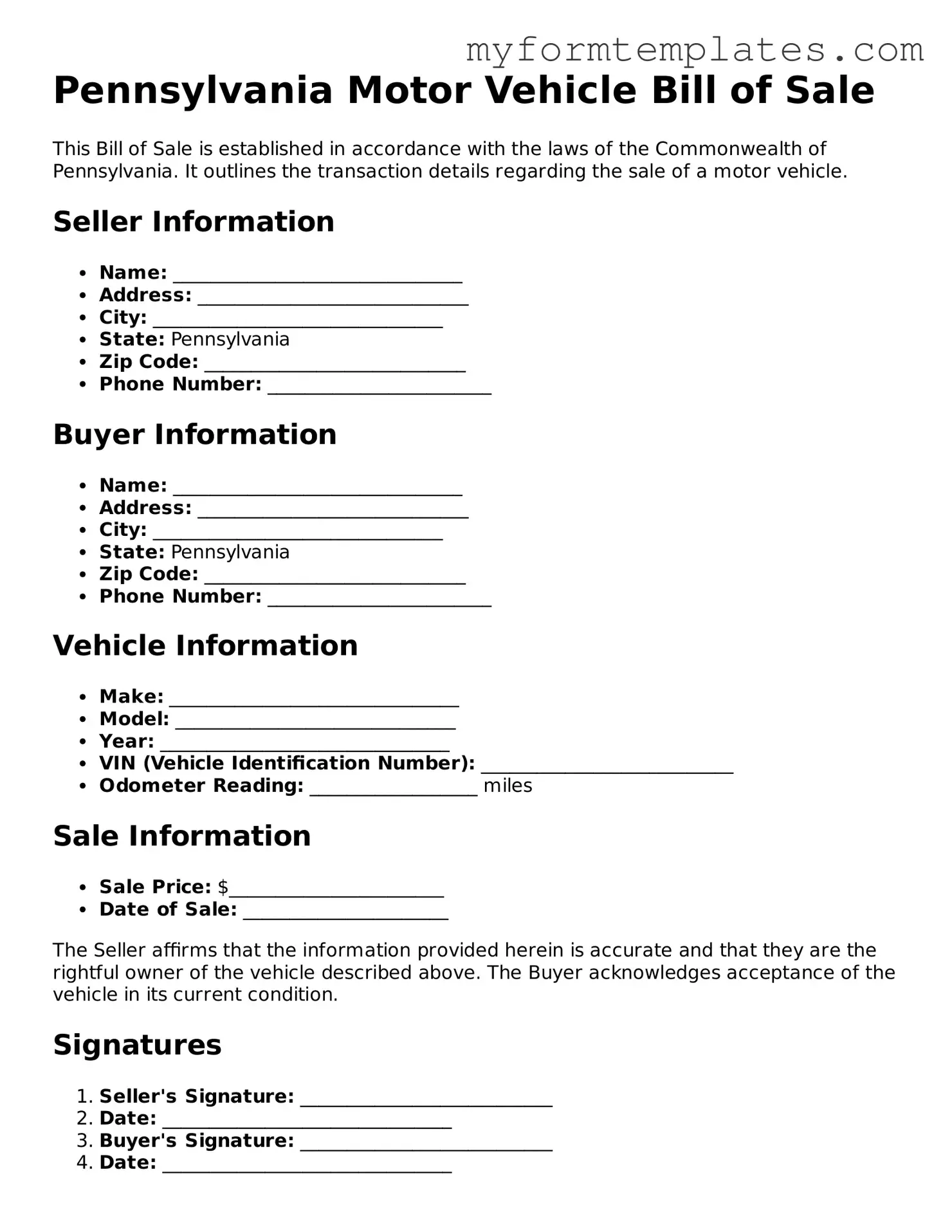 Official Motor Vehicle Bill of Sale Form for the State of Pennsylvania