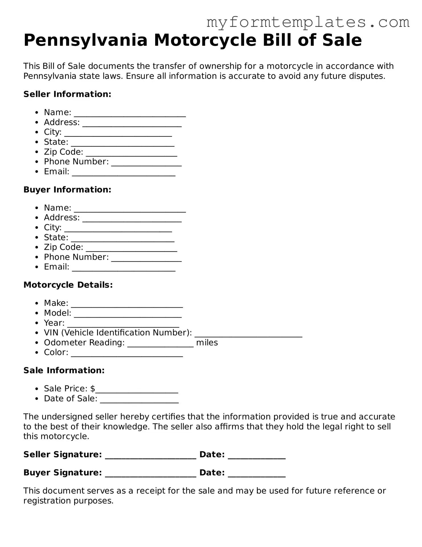 Official Motorcycle Bill of Sale Form for the State of Pennsylvania