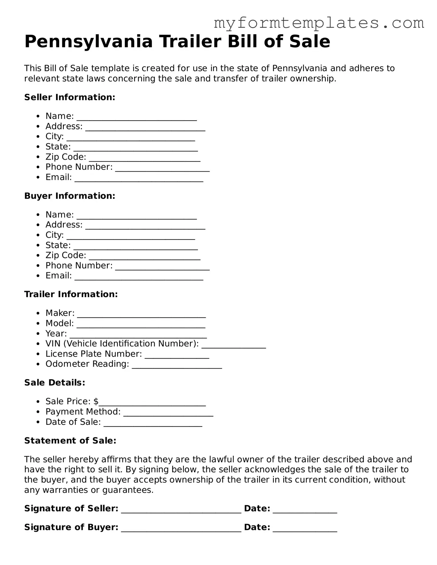 Official Trailer Bill of Sale Form for the State of Pennsylvania