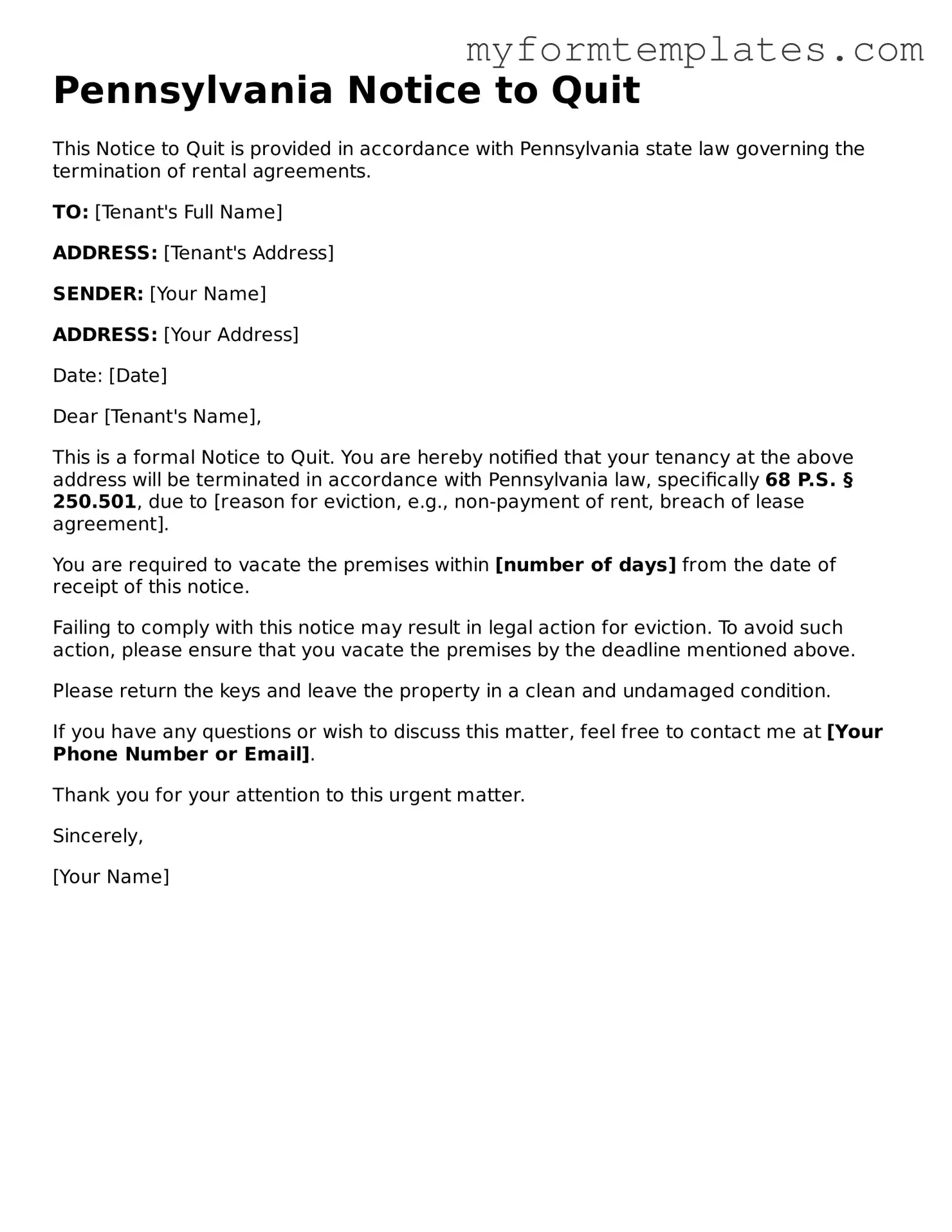 Official Notice to Quit Form for the State of Pennsylvania