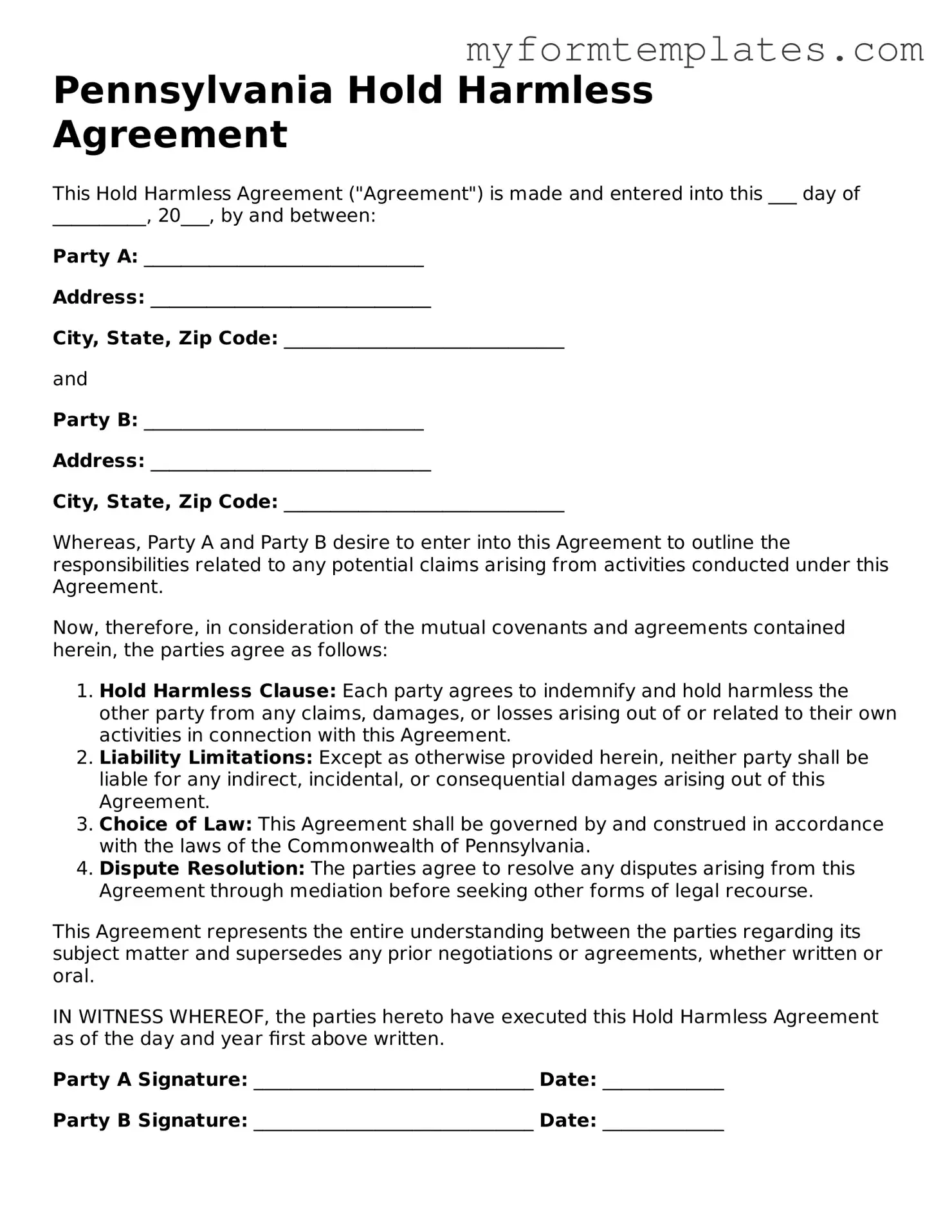 Official Hold Harmless Agreement Form for the State of Pennsylvania
