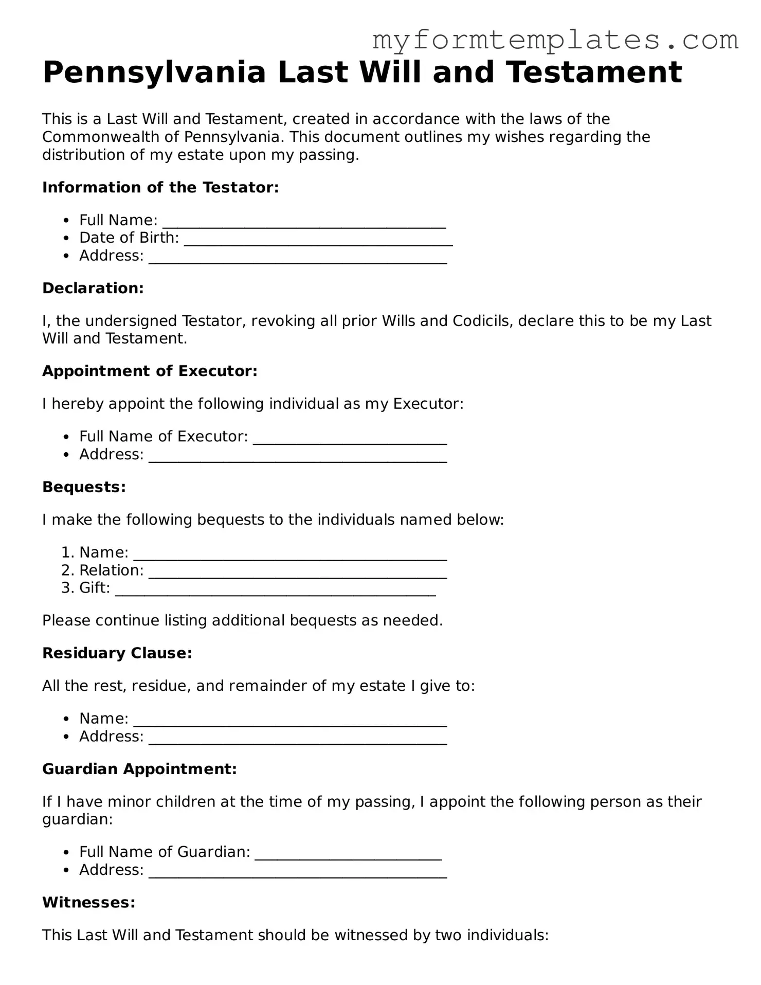 Official Last Will and Testament Form for the State of Pennsylvania