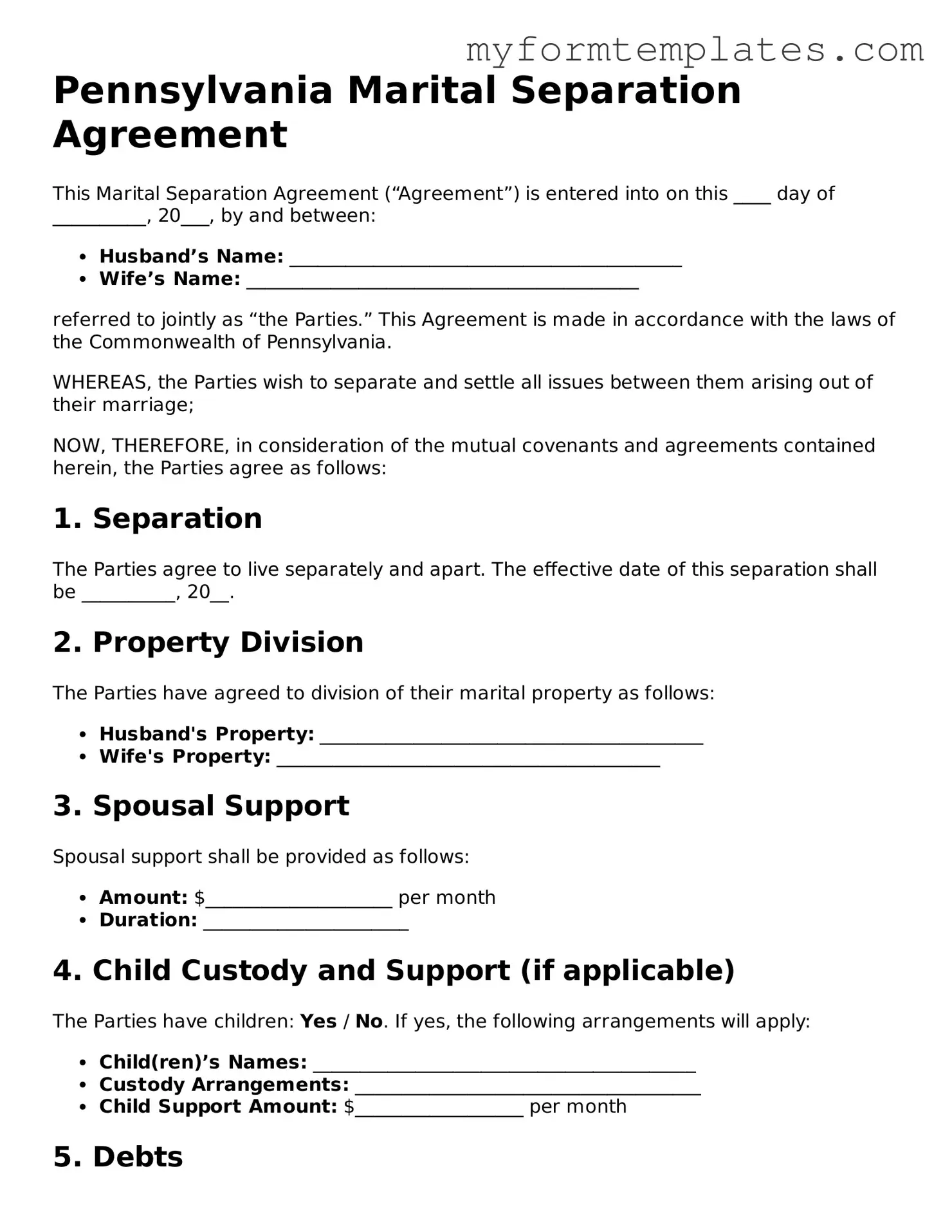 Official Marital Separation Agreement Form for the State of Pennsylvania