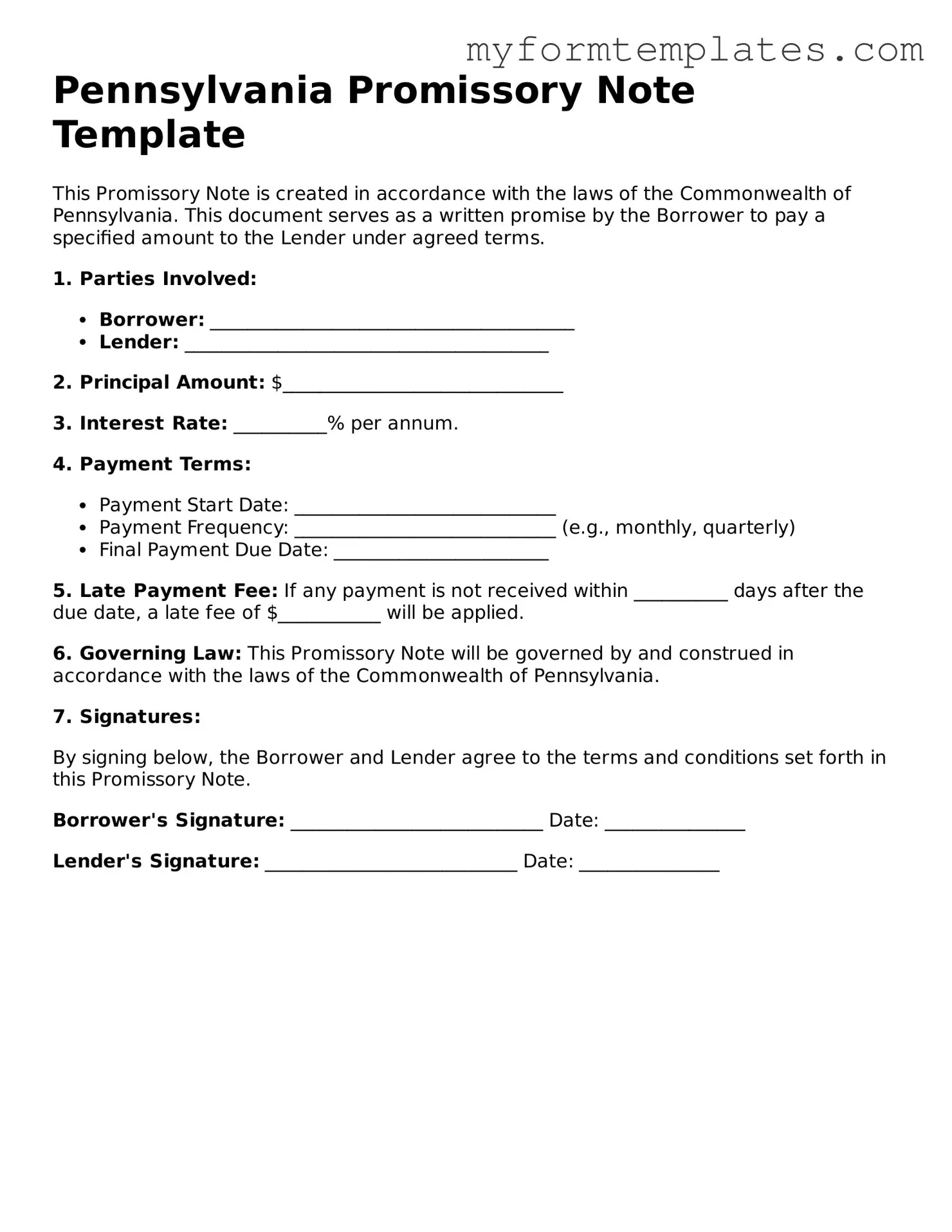 Official Promissory Note Form for the State of Pennsylvania