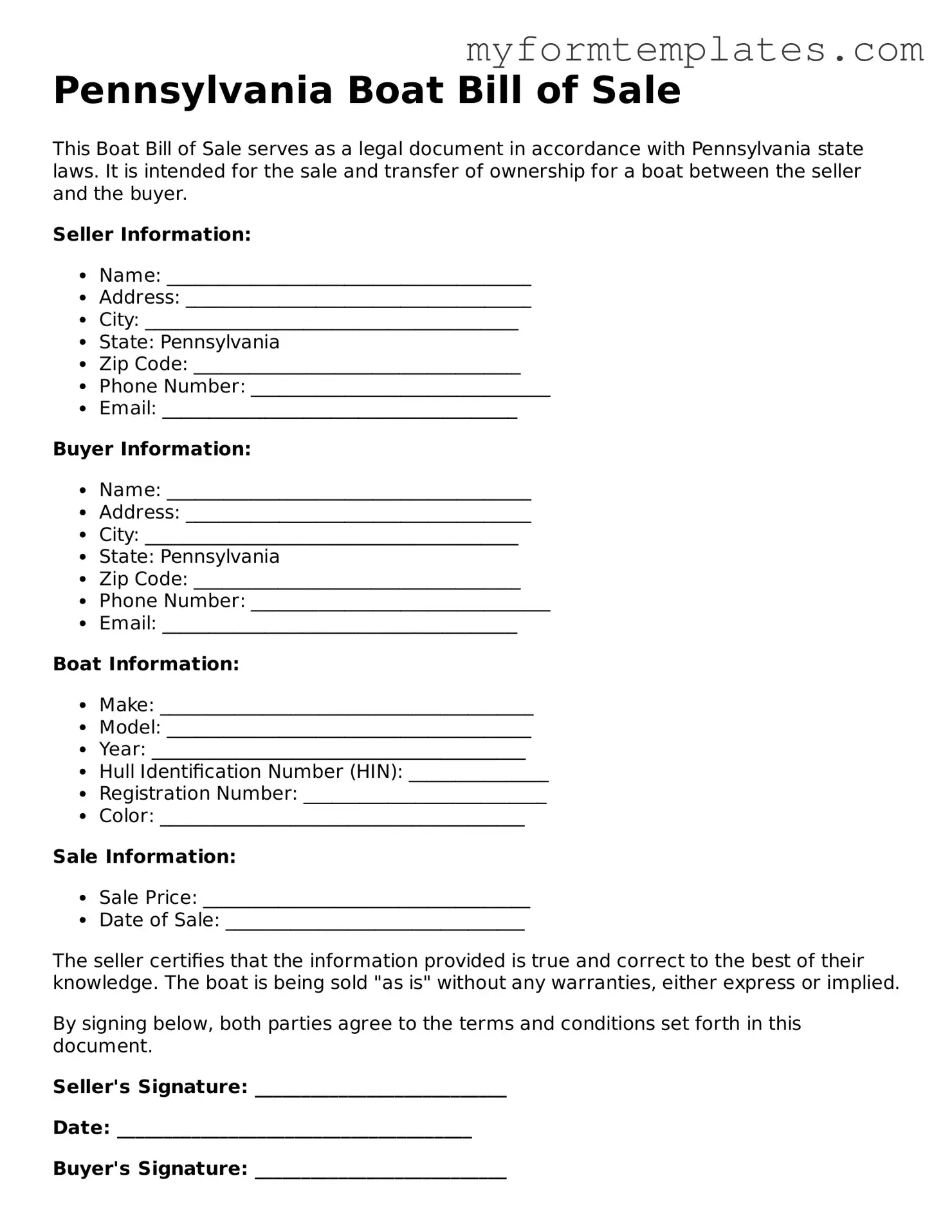 Official Boat Bill of Sale Form for the State of Pennsylvania