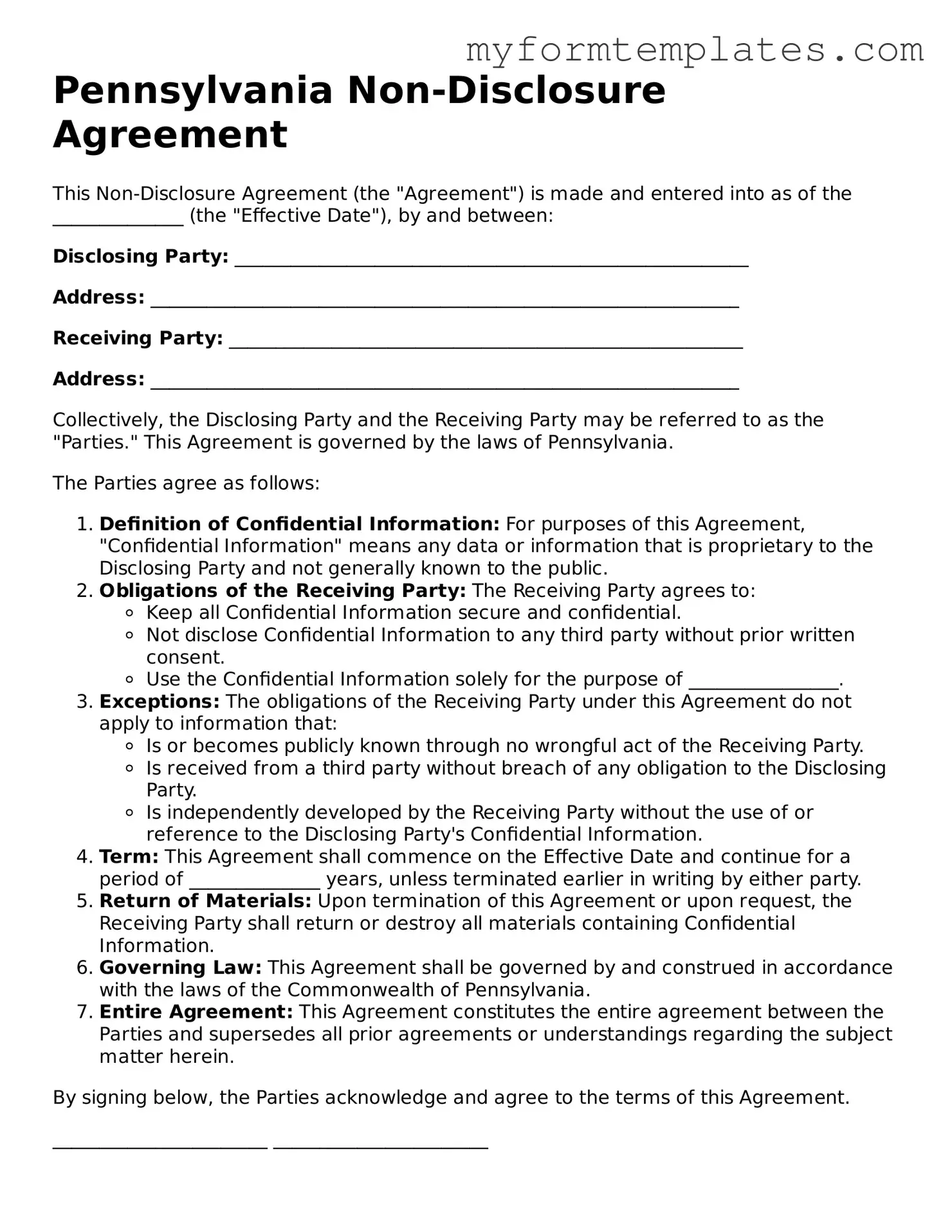 Official Non-disclosure Agreement Form for the State of Pennsylvania