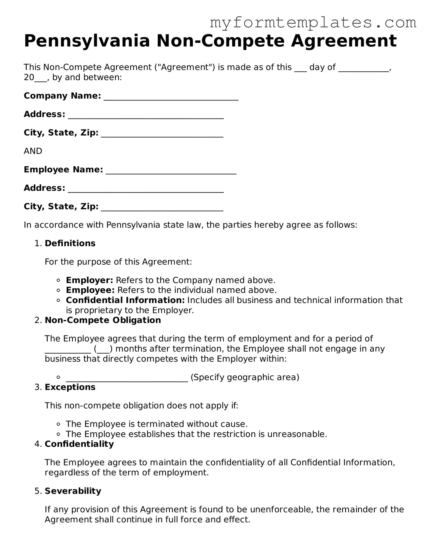 Official Non-compete Agreement Form for the State of Pennsylvania