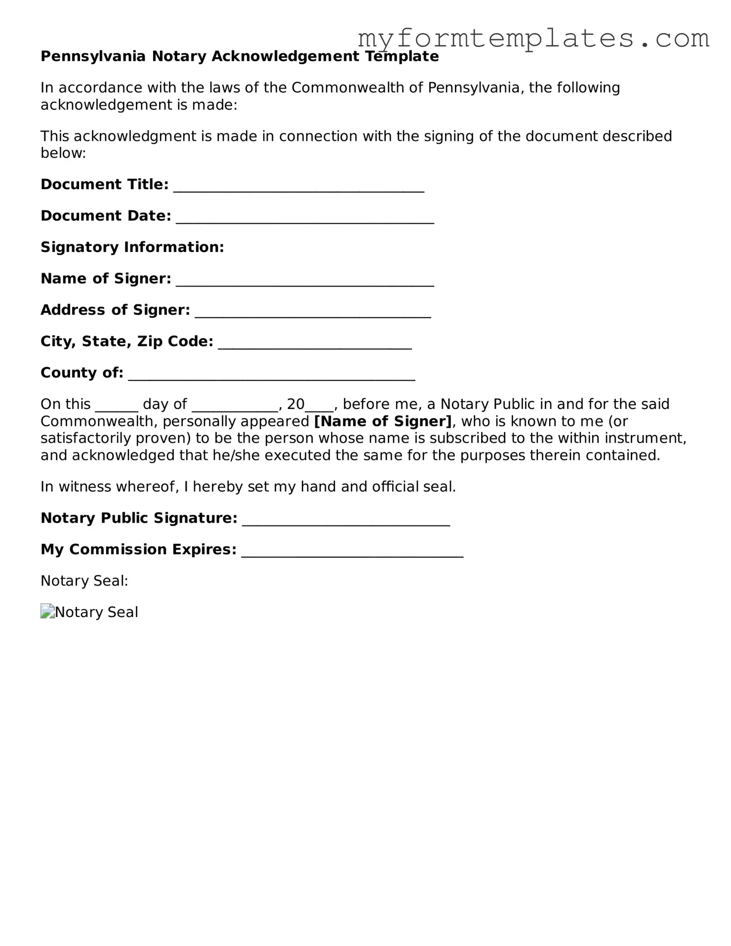 Official Notary Acknowledgement Form for the State of Pennsylvania