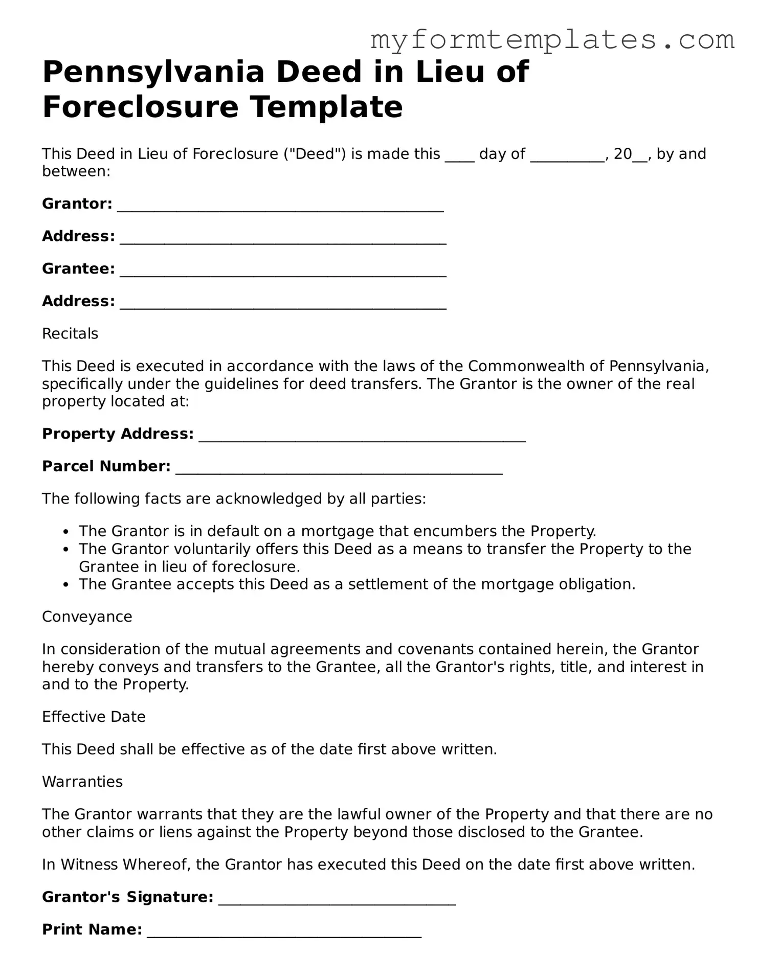 Official Deed in Lieu of Foreclosure Form for the State of Pennsylvania