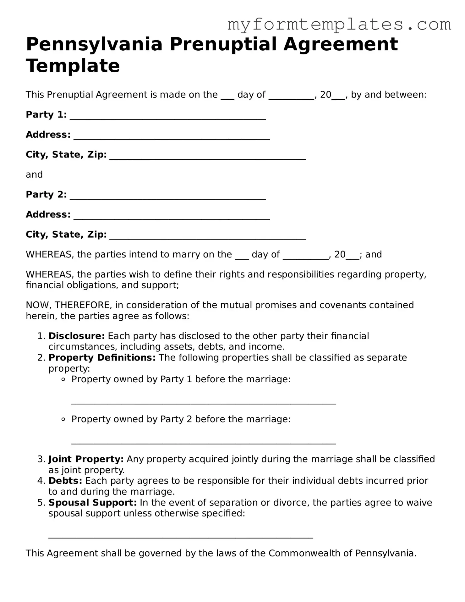 Official Prenuptial Agreement Form for the State of Pennsylvania