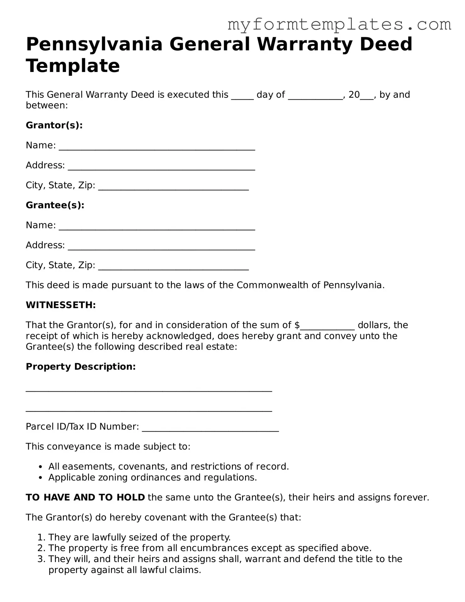 Official Deed Form for the State of Pennsylvania