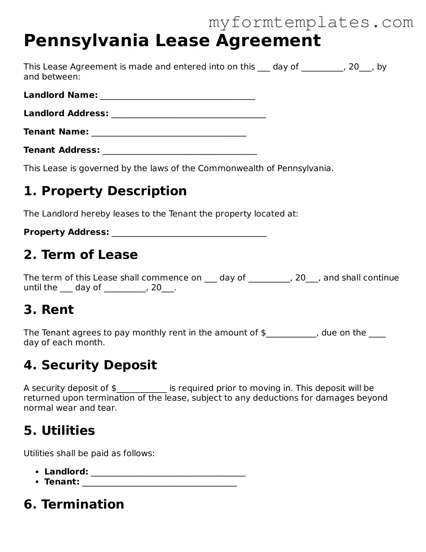 Official Lease Agreement Form for the State of Pennsylvania