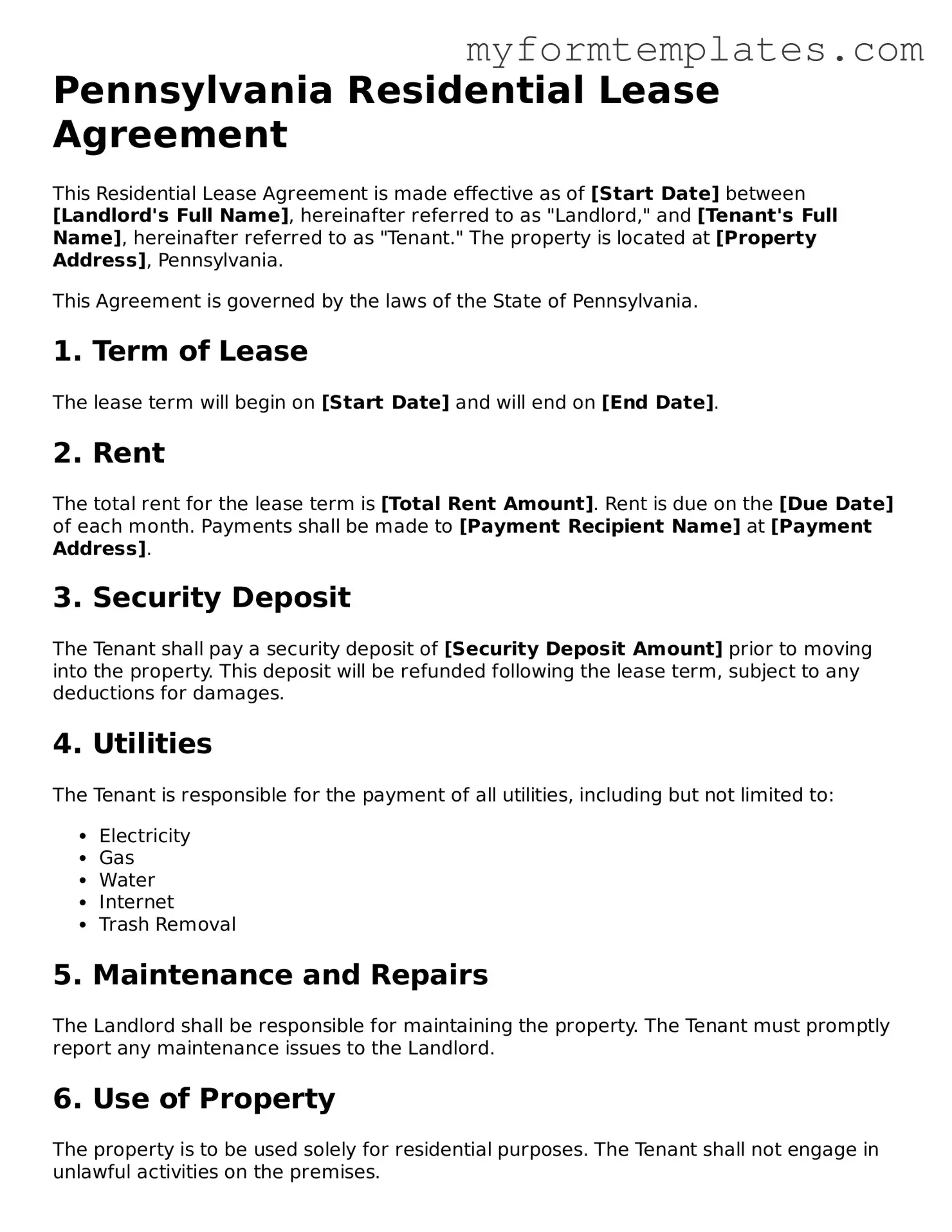 Official Residential Lease Agreement Form for the State of Pennsylvania