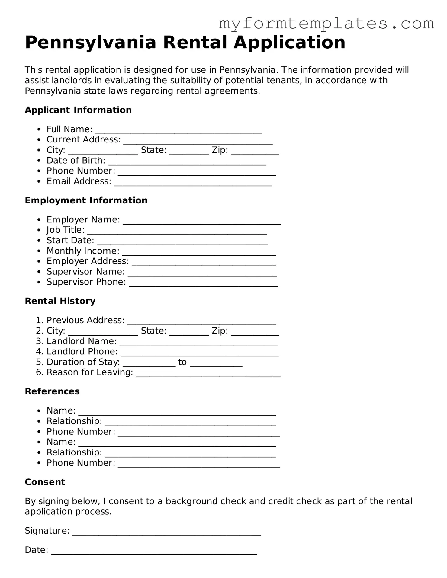 Official Rental Application Form for the State of Pennsylvania