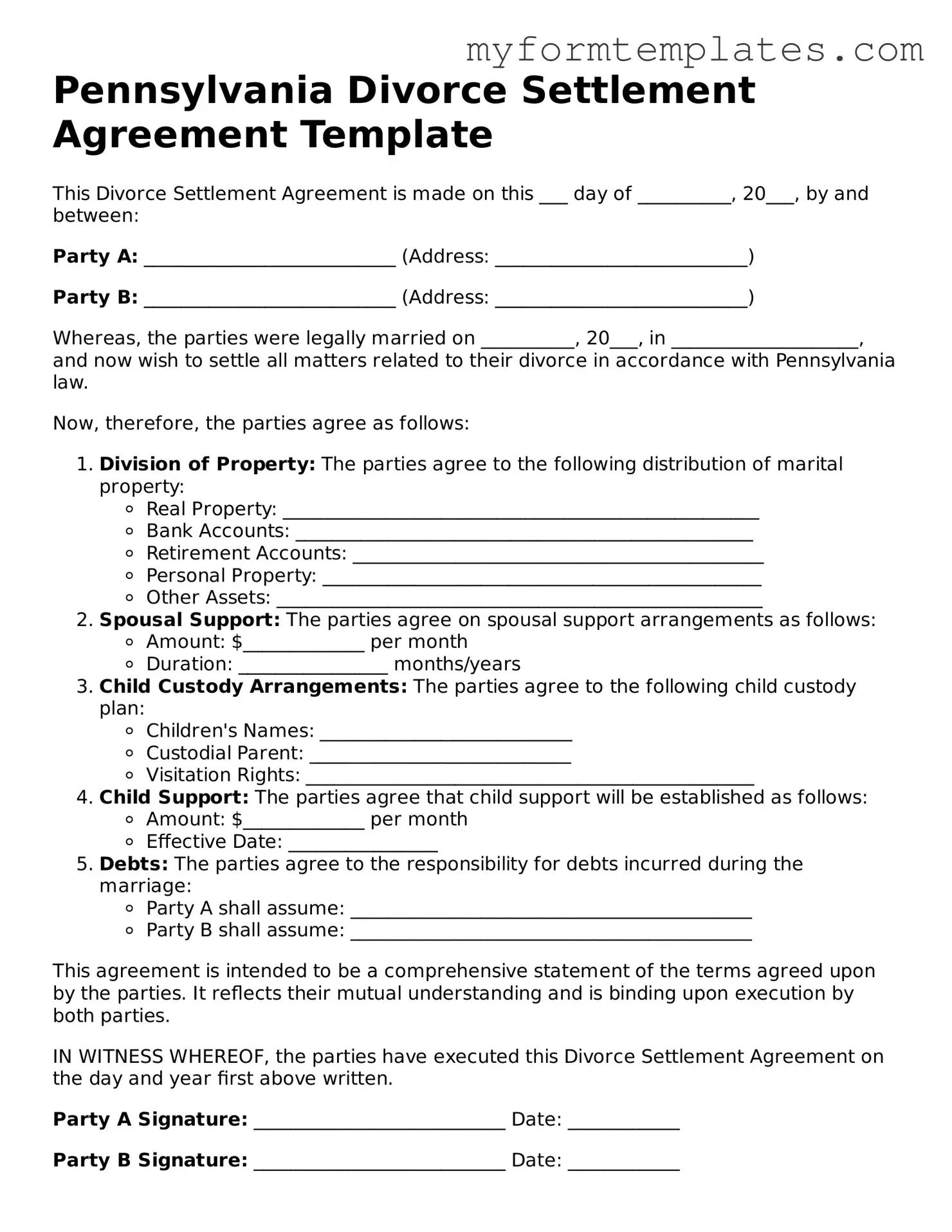Official Divorce Settlement Agreement Form for the State of Pennsylvania