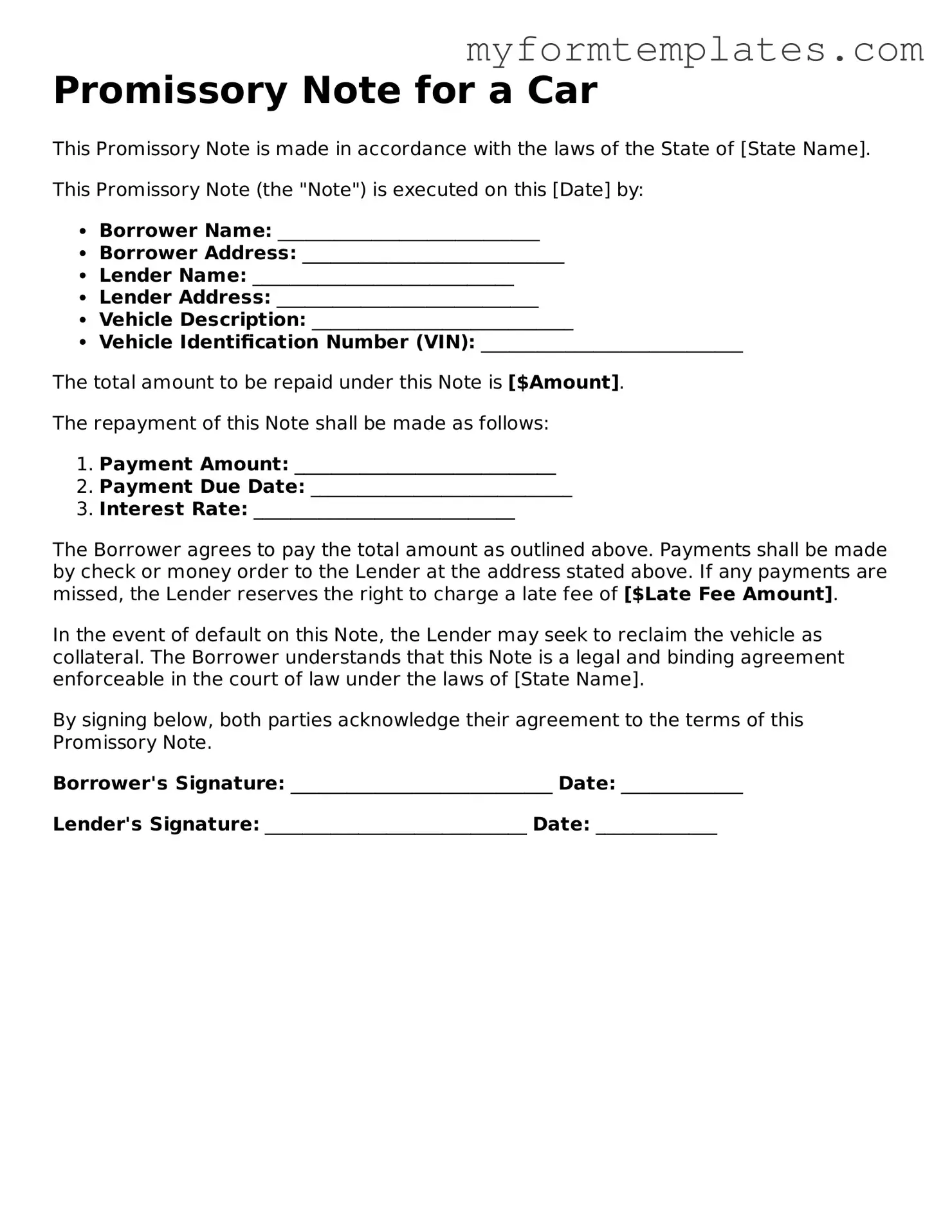 Promissory Note for a Car Document