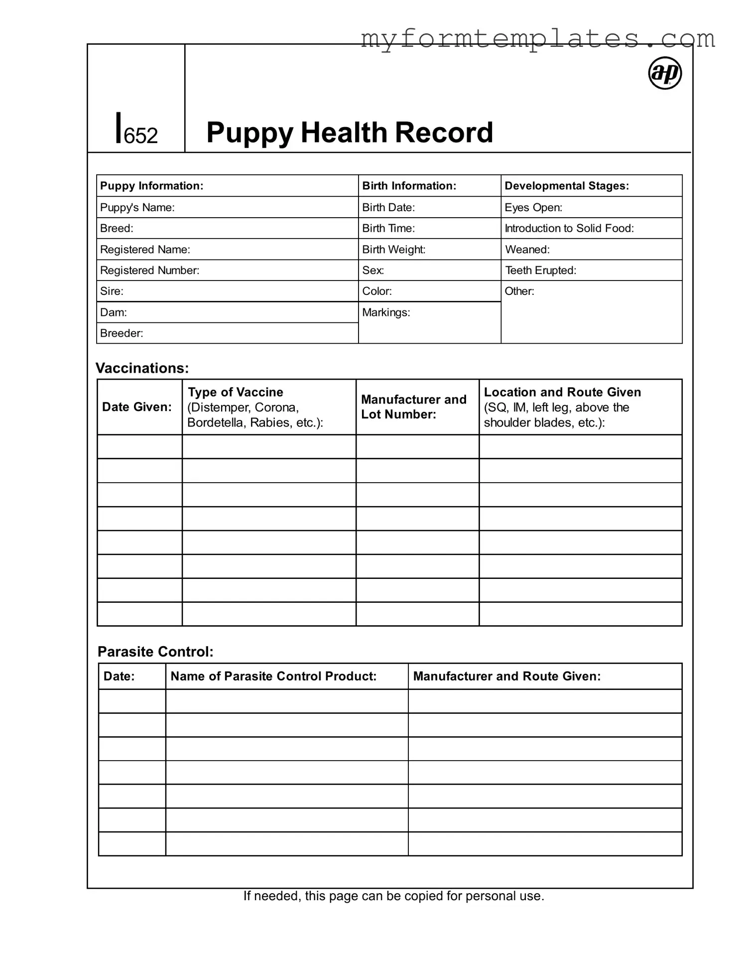 Official Puppy Health Record Form in PDF