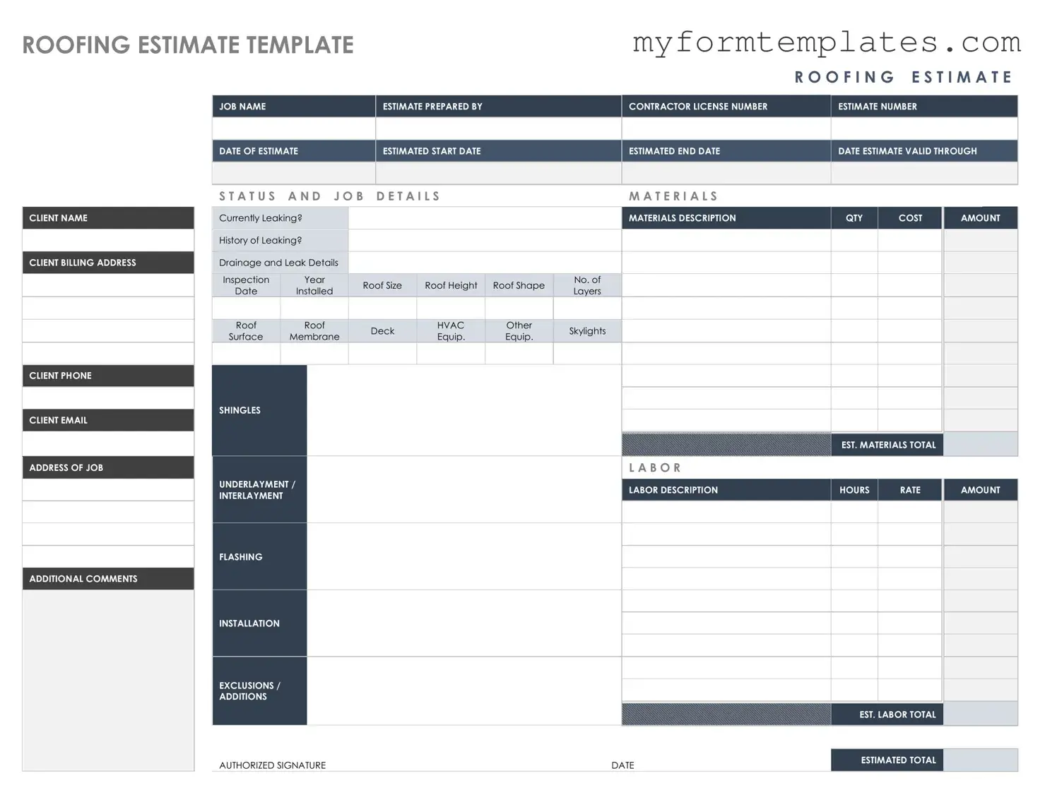Official Roofing Estimate Form in PDF