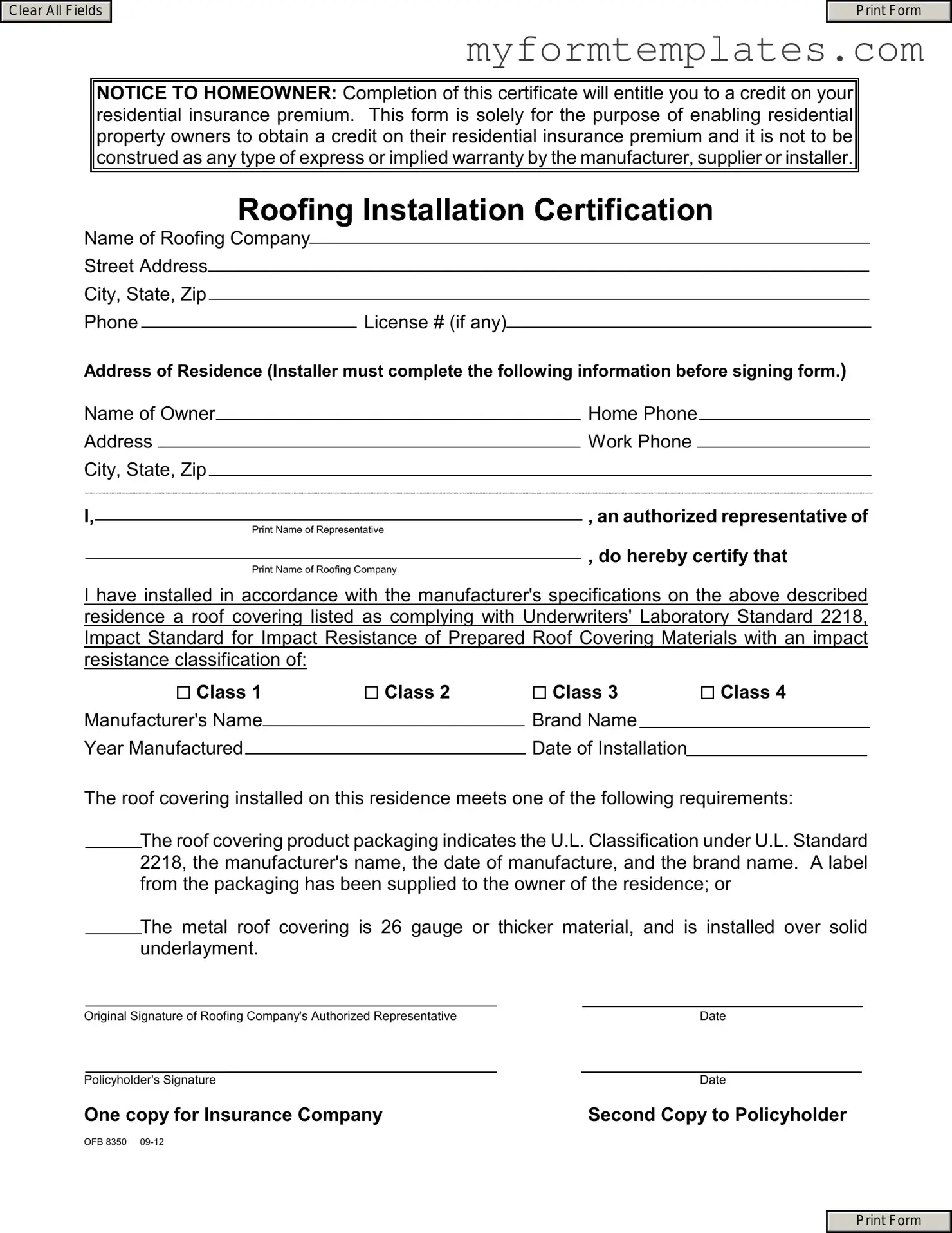 Official Roofing Certificate Form in PDF