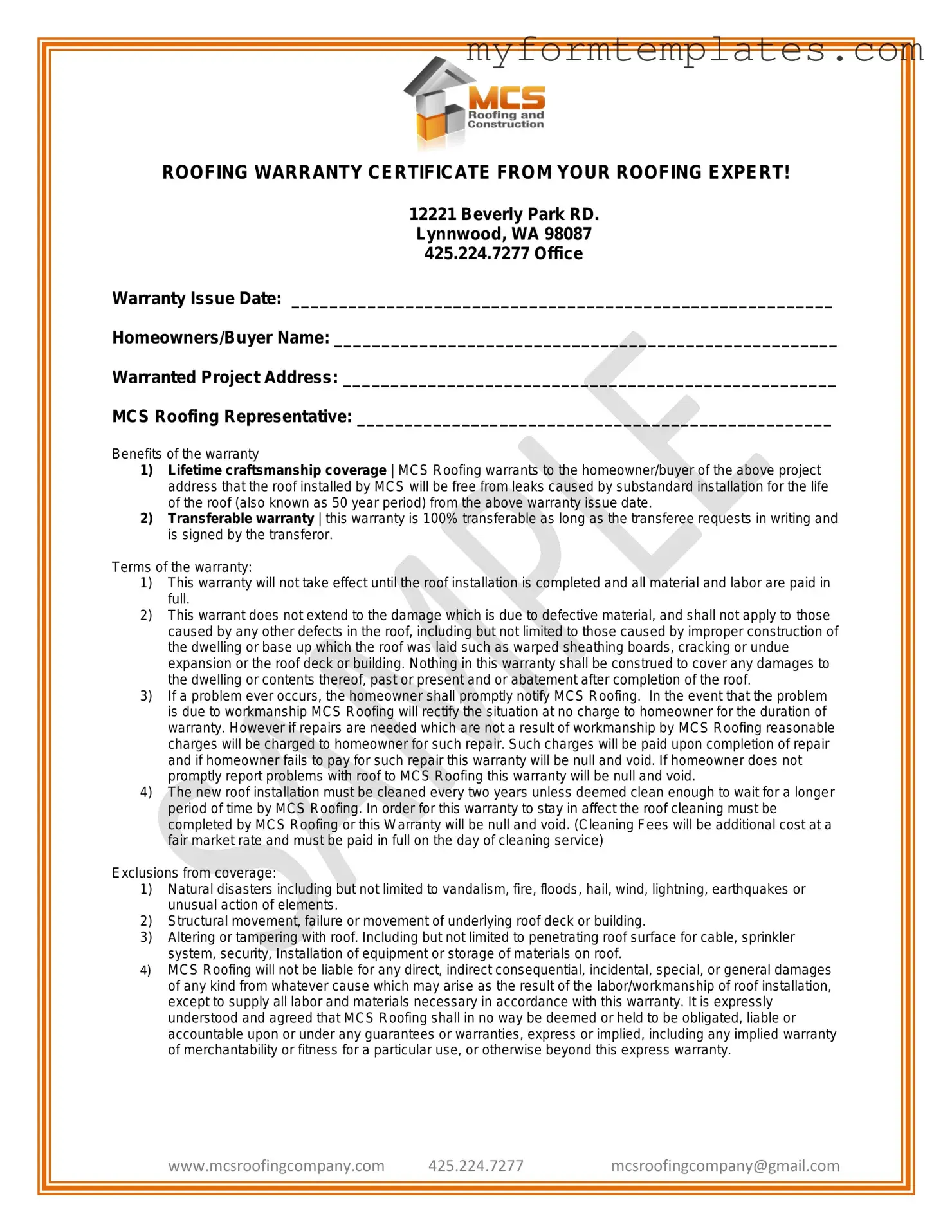 Official Roofing Warranty Certificate Form in PDF