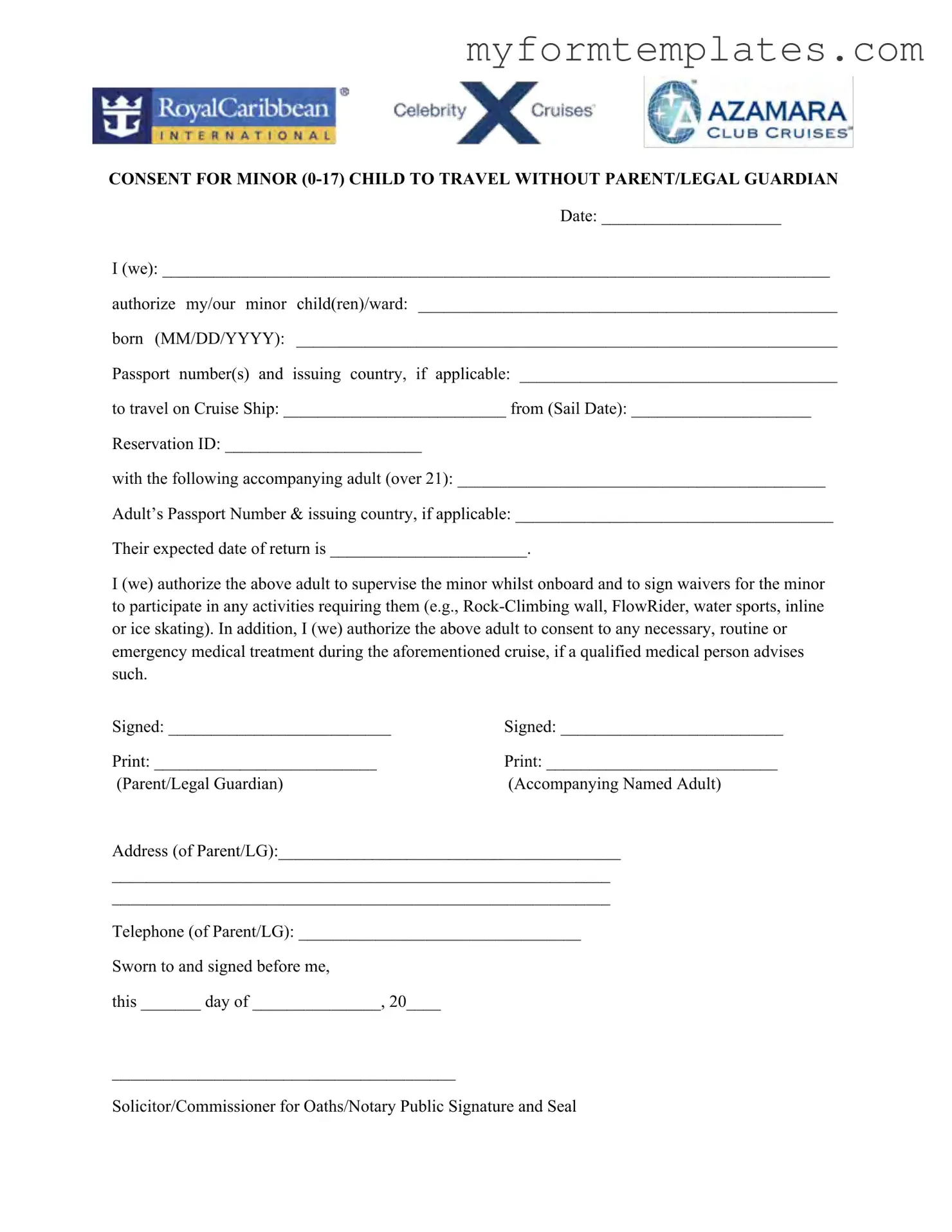Official Royal Caribbean Parental Consent Form in PDF