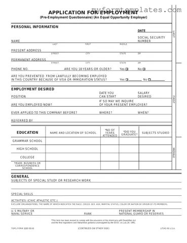 Official Employment Application Pdf Form in PDF
