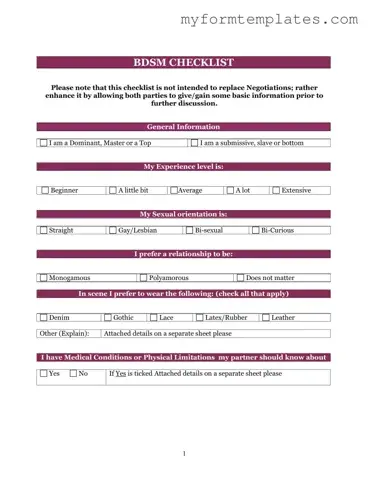 Official Bdsm Checklist Form in PDF