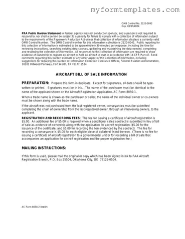 Official Aircraft Bill of Sale AC 8050-2 Form in PDF