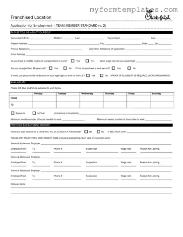 Official Chick Fil A Job Application Form in PDF