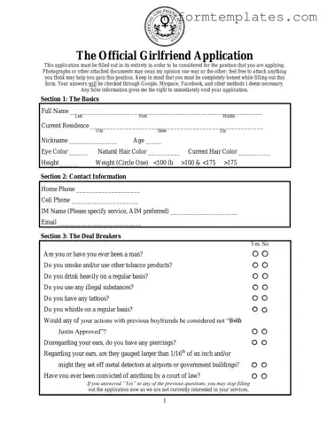 Official Girlfriend Application Form in PDF