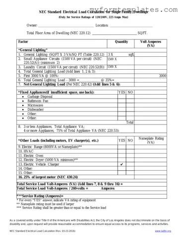 Official LADBS NEC Standard Electrical Load Calculation Form in PDF