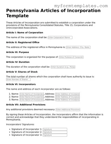 Official Articles of Incorporation Form for the State of Pennsylvania