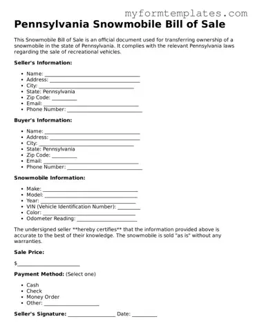 Official Snowmobile Bill of Sale Form for the State of Pennsylvania