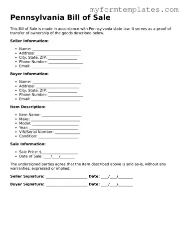 Official Bill of Sale Form for the State of Pennsylvania