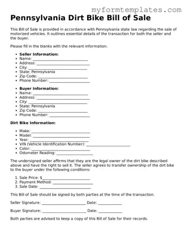 Official Dirt Bike Bill of Sale Form for the State of Pennsylvania