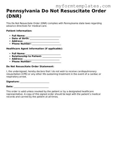 Official Do Not Resuscitate Order Form for the State of Pennsylvania