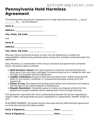 Official Hold Harmless Agreement Form for the State of Pennsylvania