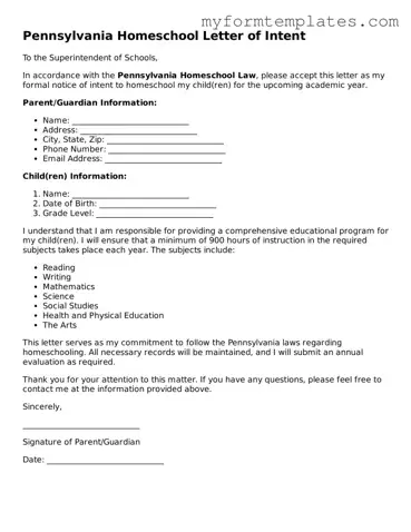 Official Homeschool Letter of Intent Form for the State of Pennsylvania